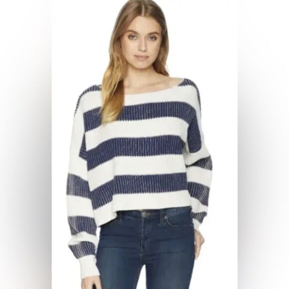 Free People Sweater Womens XS Blue Just My Stripe Ribbed Knit Crop Pullover